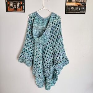 Handmade Stretchy Blue & Purple Crocheted Shawl Poncho w/ Hood One-Size-Fits-All